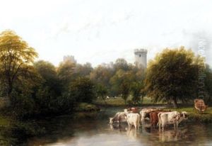 Mill Pond With Cows, Warwick Castle Beyond by Thomas Baker