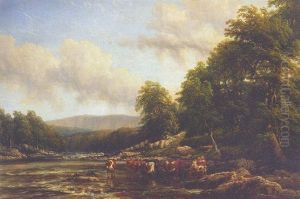 Cattle Watering In A Tranquil River by Thomas Baker