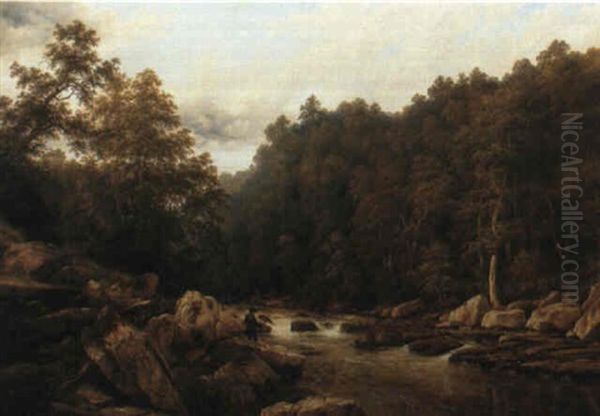 A Wooded River Landscape With An Angler - view 1