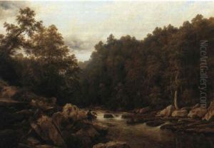 A Wooded River Landscape With An Angler