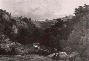 Sonnenuntergang Uber Einer Hugeligen Bachlandschaft Mit     Figurlicher Staffage