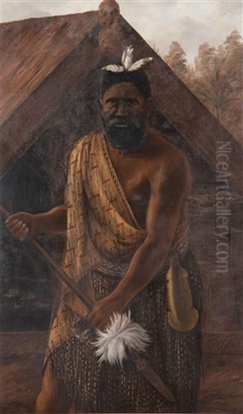 Portrait Of Maori Chief (likely To Be Te Kooti) With Taiaha - view 1