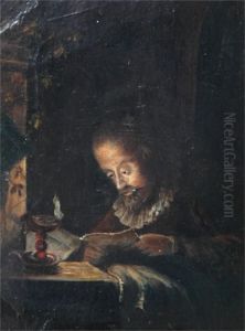 Interior Of A Man Reading A Book By Candlelight