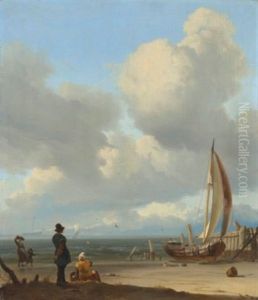 An Extensive Seascape With Figures By A Boat On A Shore by Ludolf Bakhuyzen the Elder