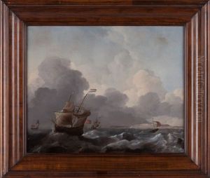 A Dutch Man-o'-war And Other Shipping In Choppy Waters by Ludolf Bakhuyzen the Elder