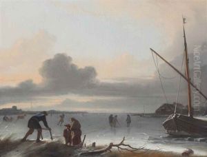 A Frozen Lake With A Man Pulling A Sleigh Onto The Ice Next To An Old Lady And A Boy, Figures Playing Kolf, A Horse-drawn Sleigh On The Ice And A Barge Beyond
