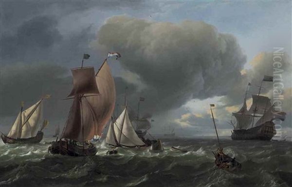 A Wijdschip, A Smalschip And A State Yacht Tacking, With Fishermen In A Pink Drawing In Their Nets In The Foreground, The Man-o"-war 'bruinvisch" Lowering Sails Beyond - view 1