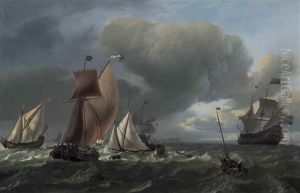 A Wijdschip, A Smalschip And A State Yacht Tacking, With Fishermen In A Pink Drawing In Their Nets In The Foreground, The Man-o"-war 'bruinvisch" Lowering Sails Beyond by Ludolf Bakhuyzen the Elder