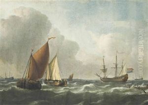 A Large Dutch Man-o'war Anchored Offshore In A Stiffening Breeze
