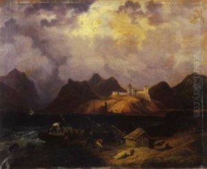 Paesaggio Costiero Con Pescatori Presso Le Loro Imbarcazioni E Capannoni, Con Un Edificio Fortificato Sullo Sfondo by Ludolf Bakhuyzen the Younger