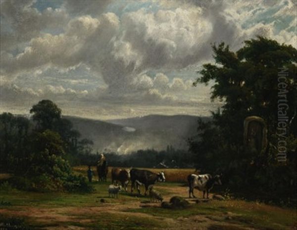 Viehtrieb In Weiter Voralpenlandschaft. Vorn Rechts Ein Wegemarterl Am Waldesrand - view 1