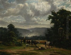 Viehtrieb In Weiter Voralpenlandschaft. Vorn Rechts Ein Wegemarterl Am Waldesrand