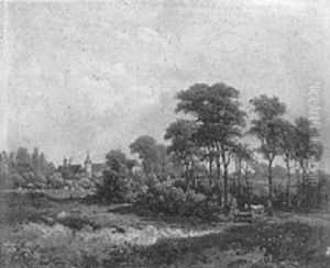 Hollandische Landschaft Mit Dorf Hinter Baumen. Abendsonne by Alexander Hieronymus Bakhuyzen