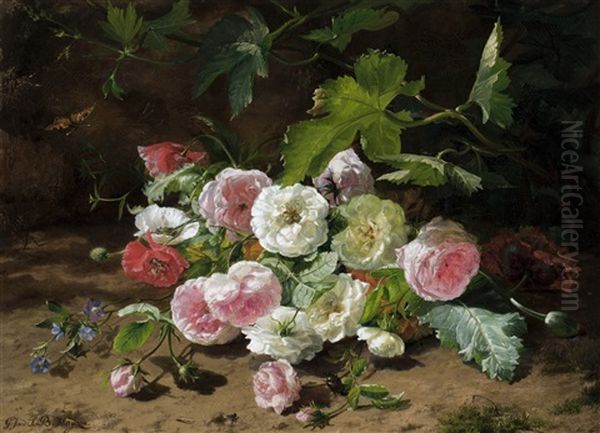 Pink And White Roses In The Forest With A Butterfly On The Left - view 1