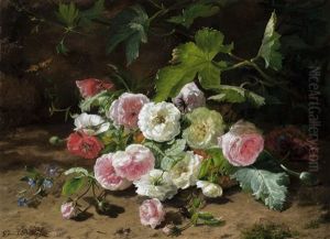 Pink And White Roses In The Forest With A Butterfly On The Left by Gerardina Jacoba van de Sande Bakhuyzen