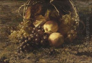 A Wicker Basket With Grapes And Apples On A Forest Floor by Gerardina Jacoba van de Sande Bakhuyzen