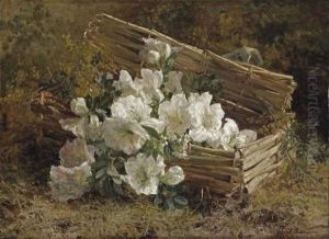 White Azaleas And Mimosas In A Wicker Basket On A Forest Floor
