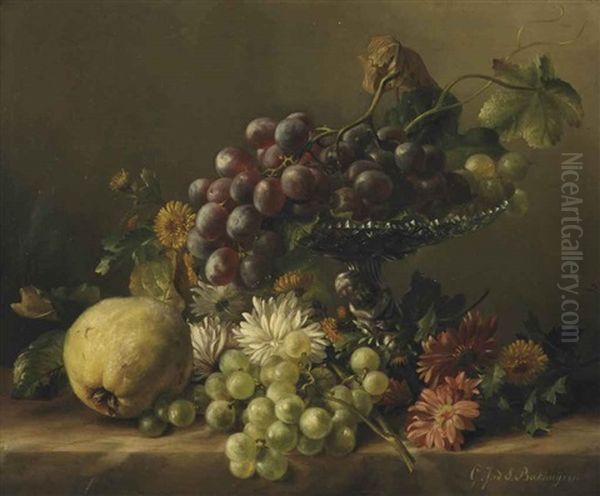A Quince, Dandelions, Daisies, Dahlia's, And A Plateau With Grapes, All On A Ledge - view 1