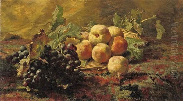 Blue Grapes And Peaches In A Wicker Basket - view 1