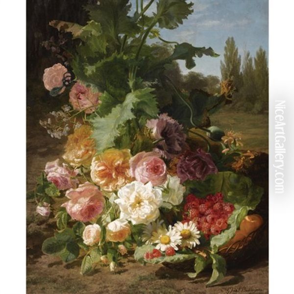 A Still Life With Roses, Daisies, Raspberries And Peaches In A Landscape - view 1