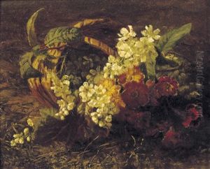 Cherryblossem And Primroses In A Basket by Gerardina Jacoba van de Sande Bakhuyzen