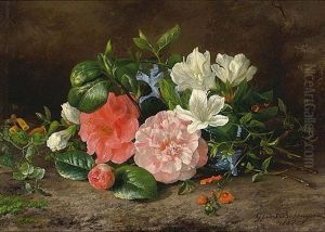 A Flower Still Life With Roses And Hellebore by Gerardina Jacoba van de Sande Bakhuyzen