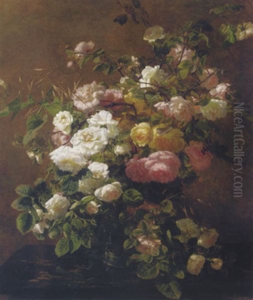 Pink, White, And Yellow Roses In A Westerwald Stoneware Vase - view 1