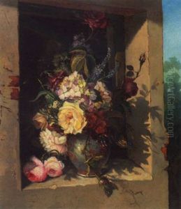Vase Mit Hortensien Und Rosen Im Fenster by Gerardina Jacoba van de Sande Bakhuyzen