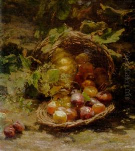 A Wicker Basket Of Plums, Apricots And A Pumpkin In An Autumnal Landscape by Gerardina Jacoba van de Sande Bakhuyzen