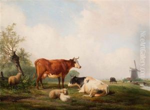 A View Of Dutch Meadows With Cows And Sheep by Hendrik van de Sande Bakhuyzen
