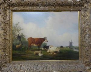 Cattle And Sheep At Rest, In A Landscape With A Windmill Beyond by Hendrik van de Sande Bakhuyzen