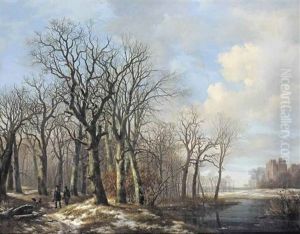 A Winter Landscape With Hunters On A Path Along A Stream by Hendrik van de Sande Bakhuyzen