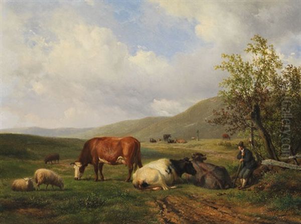 Hirte Mit Kuhen Und Schafen In Weiter Landschaft - view 1