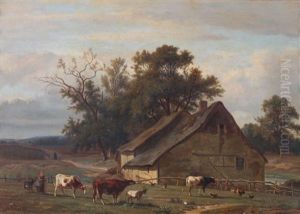 Een Herderin Met Koeien by Hendrik van de Sande Bakhuyzen