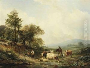 Watering Cattle In A Sunlit Landscape by Hendrik van de Sande Bakhuyzen