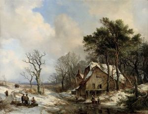 Figures On A Frozen Stream On The Outskirts Of A Village