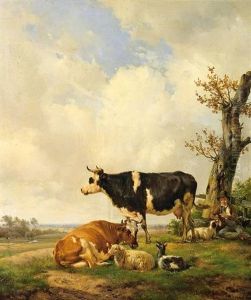 Lagernder Hirtenknabe Auf Der Weide Mit Kuhen, Hund, Schaf Und Ziege