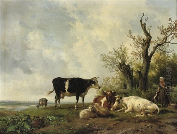 A Farm Girl With Her Cattle In A Pasture - view 1