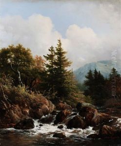 Gebirgige Landschaft Mit Einem Wasserfall Im Bachlauf by Hendrik van de Sande Bakhuyzen