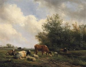 Weite Hollandische Weidelandschaft Mit Lagernden Kuhen Und Schafen by Hendrik van de Sande Bakhuyzen