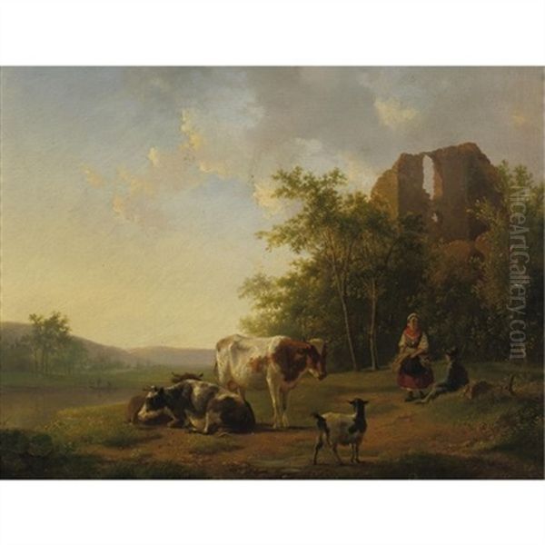 Shepherds And Cattle Resting By A Stream - view 1