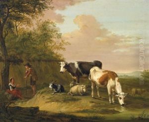 An Der Furt. Rastende Hirten Bei Ihrem Vieh In Weiter Fluslandschaft by Hendrik van de Sande Bakhuyzen