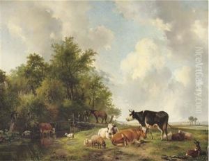 Cattle On The Edge Of A Forest In An Extensive Sunlit Landscape by Hendrik van de Sande Bakhuyzen