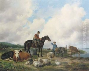 Oosterbeeks Paard: A Farmer On Horseback Amongst His Cattle by Hendrik van de Sande Bakhuyzen