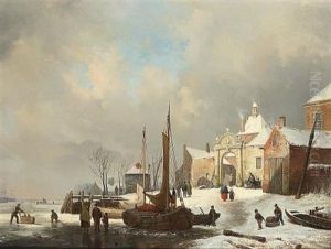 Winter Landscape With Figures And Boats On A Frozen Estuary