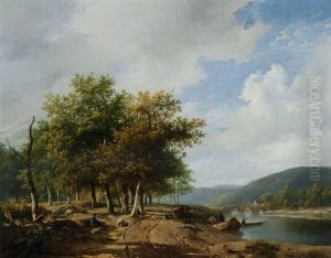 Daily Activities Along A River In A Hilly Landscape by Hendrik van de Sande Bakhuyzen