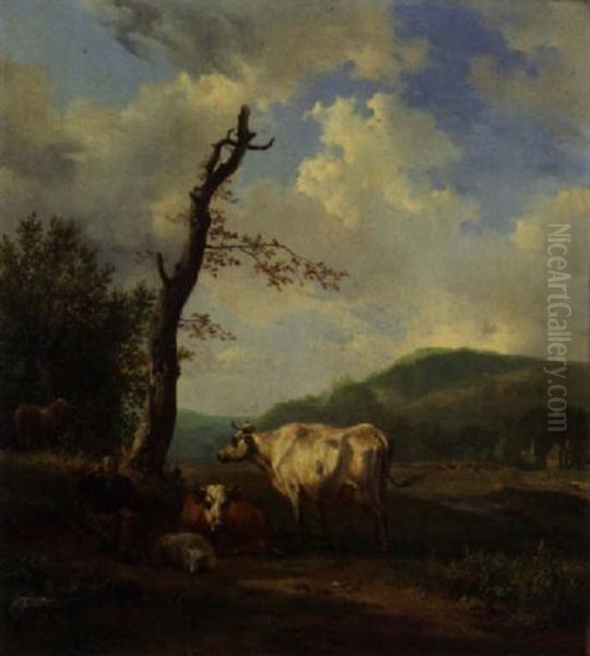 A Hilly Landscape With A Shepherd And His Flock Resting By A Tree - view 1