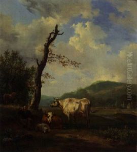 A Hilly Landscape With A Shepherd And His Flock Resting By A Tree by Hendrik van de Sande Bakhuyzen