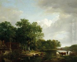 Summer Idyl: A River Landscape In Summer by Hendrik van de Sande Bakhuyzen