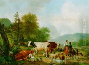 A Summer Landscape With Little Herds Watering Their Cattle
